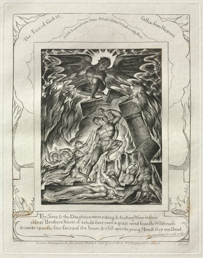 Eyüp Kitabı: Pl. 3, Oğulların ve Kızların, en büyük Kardeşlerinin evinde Şarap yiyip içiyorlardı. by William Blake