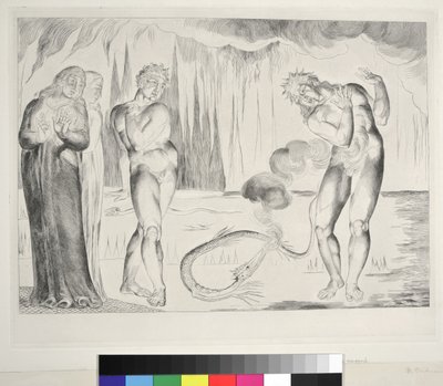 Hırsızlar Çemberi: Buoso Donati Yılan Tarafından Saldırıya Uğradı, Cehennem, Canto XXV, Dante Alighieri'nin 'İlahi Komedya'sının illüstrasyonu, 1827 by William Blake