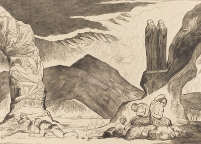 Yanlışlayıcılar Çemberi: Dante ve Virgil Kokudan Burunlarını Örtüyorlar, 1827. by William Blake