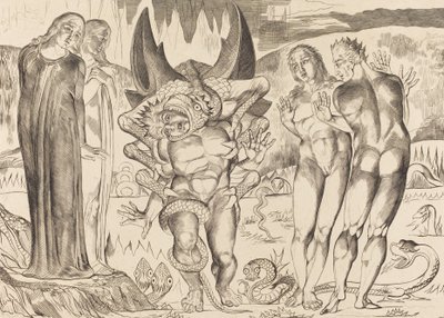 Hırsızlar Çemberi, Agnolo Brunelleschi, Altı Ayaklı Yılan Tarafından Saldırıya Uğradı, 1827. by William Blake