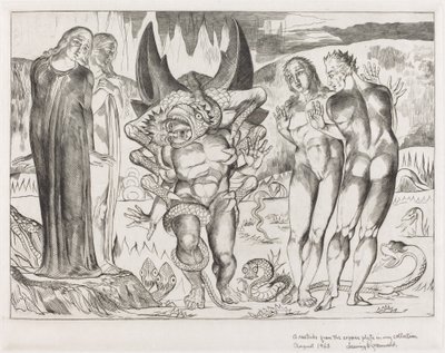 Hırsızlar Çemberi, Agnolo Brunelleschi, Altı Ayaklı Yılan Tarafından Saldırıya Uğradı, 1827. by William Blake