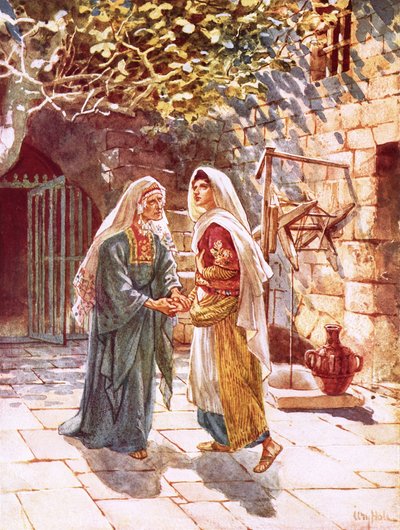 Mary dağlık bölgeye gider ve Elizabeth ile tanışır. by William Brassey Hole
