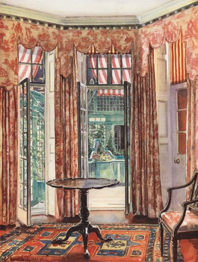 İç dekorasyon: Kırmızı tonlarında bir Londra odası (renkli lito) by William Bruce Ellis Ranken