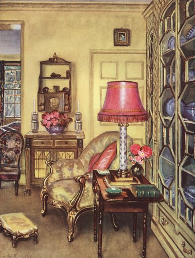 İç dekorasyon: Küçük sarı bir misafir odası (renkli taş baskı) by William Bruce Ellis Ranken