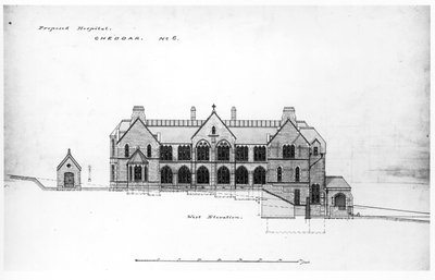 ವೆಸ್ಟ್ ಎಲಿವೇಶನ್ - ಸೇಂಟ್ ಮೈಕೆಲ್ಸ್ ಹೋಮ್, ಚೆಡ್ಡರ್, 1878 ರ ಮೊದಲು (ಕಪ್ಪು ಶಾಯಿ, ಪೆನ್ಸಿಲ್ ಮತ್ತು ಕಾಗದದ ಮೇಲೆ ಡಬ್ಲ್ಯೂಸಿ) ಟರ್ಕ್ by William Butterfield