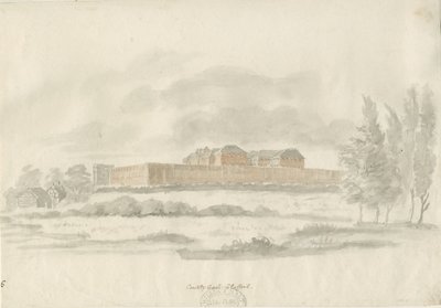 Stafford - Shire Hall: mimarın mürekkep çizimi (renkli), nd [c 1798] (çizim) by William Carter
