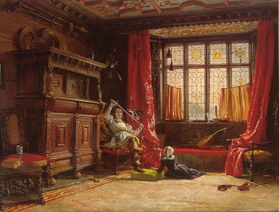 Karanlık bir iç mekanda bir süvari, kılıcında bir kuş, 1843 by William Collingwood