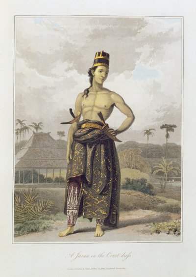 Mahkeme Elbiseli Bir Javan, pl. 6, Thomas Stamford Bingley Raffles (1781-1826) pub'ın 'The History of Java' kitabının I. Cildinden. 1817 (renkli aquatint) by William Daniell