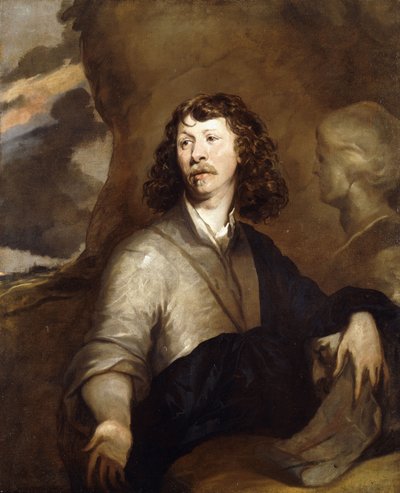 Bir Beyefendinin Portresi, Muhtemelen Sanatçı, Yarım Boy, Kahverengi Pelerinli ve Mavi Şallı, Mermer Büstün Yanında, Kayalık Bir Manzarada, by William Dobson