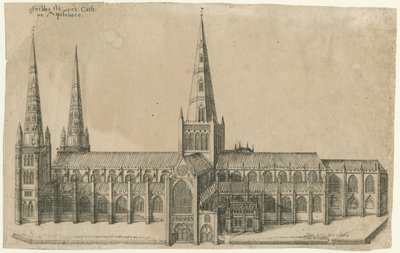 Lichfield Katedrali - Güney Görünümü: bakır levha gravür, nd [?17.yüzyılın ortası] by William Dugdale