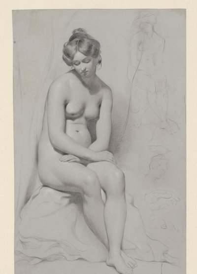 Yüksek saç kesimi ile oturan çıplak kadın modeli, yanında tekrar kabataslak çizilmiş by William Etty