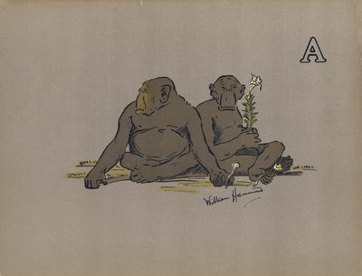 A Harfi, Anormal Bir Şekilde Kayıtsız Tutumları Benimseyen Estetik Antropoid Maymunlar (renkli lito) by William Hammond