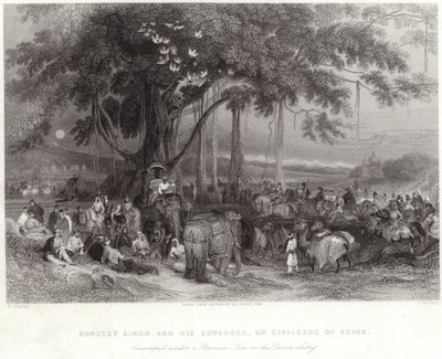 Runjeet Singh and his suwarree encamped under the banian tree on the River Sulley  by William Harvey