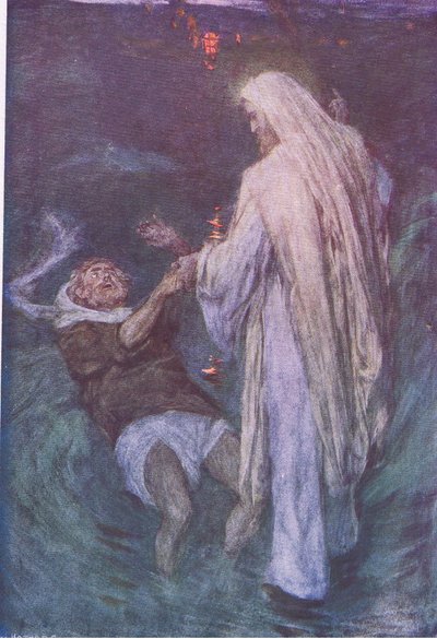 Hodder & Stoughton tarafından yayınlanan İncil Hikayesinden, denizde yürüyen İsa, 1930 dolayları by William Hatherell