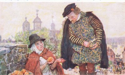 Shakespeare buys an orange from a woman on Tower Hill, from My Magazine, pub.1922  by William Hatherell