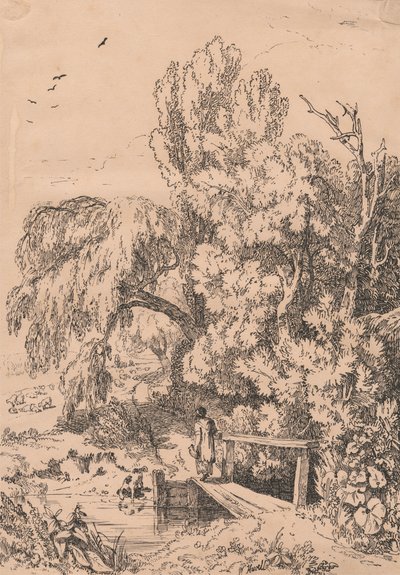 Ağaçlarla Manzara, Yaya Köprüsünden Geçen Kız by William Havell