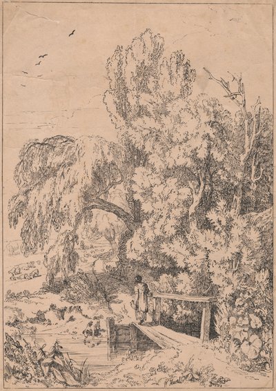 Ağaçlarla Manzara, Yaya Köprüsünden Geçen Kızlar by William Havell