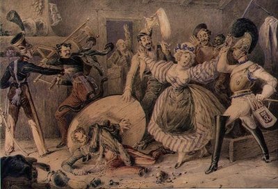 A Brawl in an Inn, 1830 dolayları (kalem üzerine sulu boya, kağıt üzerine guaj boya ile yükseltilmiş) by William Heath