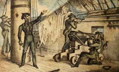 Deniz tüfekçileri kimliği belirsiz bir savaş gemisinde hareket halinde, c.1835 (el ile boyanmış gravür) by William Heath