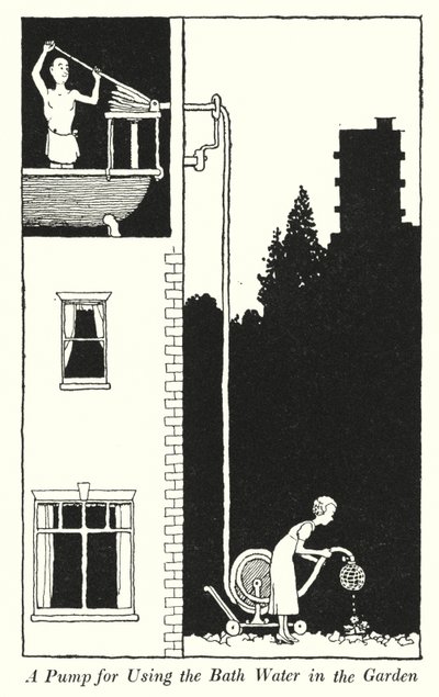 Bahçede Banyo Suyunu Kullanmak İçin Bir Pompa (lito) by William Heath Robinson