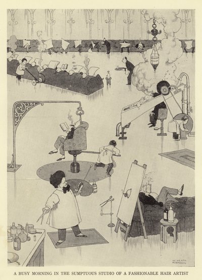 Şık bir saç sanatçısının görkemli stüdyosunda yoğun bir sabah by William Heath Robinson
