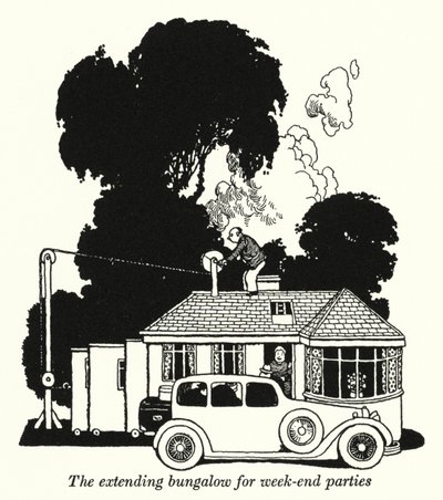 Hafta sonu partileri için genişleyen bir bungalov (litho) by William Heath Robinson
