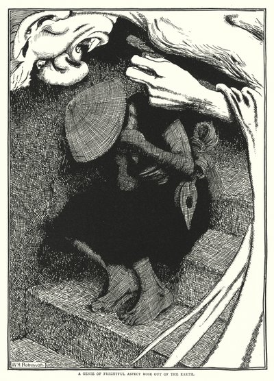 Korkunç görünüşlü bir cin topraktan çıktı (gravür) by William Heath Robinson