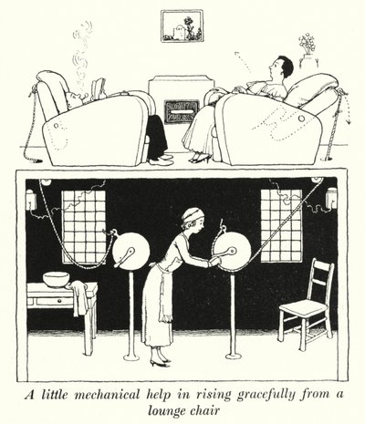Bir şezlongdan zarif bir şekilde yükselmek için biraz mekanik yardım (litho) by William Heath Robinson