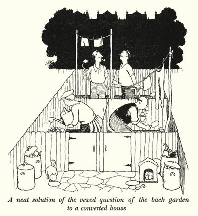 Arka bahçeyle ilgili can sıkıcı sorunun dönüştürülmüş bir eve (lito) düzgün bir çözümü by William Heath Robinson