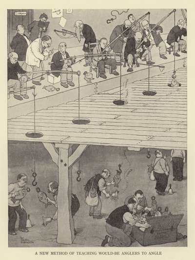 Olta balıkçılarına açı yapmayı öğretmek için yeni bir yöntem by William Heath Robinson
