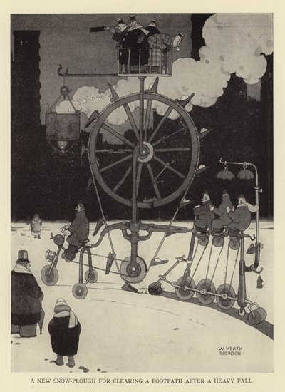 Ağır bir düşüşten sonra bir patikayı temizlemek için yeni bir kar küreme makinesi by William Heath Robinson