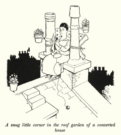 Dönüştürülmüş bir evin çatı bahçesinde küçük bir rahat köşe (litho) by William Heath Robinson