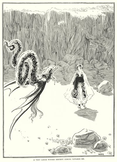 Bana doğru gelen çok büyük kanatlı bir yılan (gravür) by William Heath Robinson