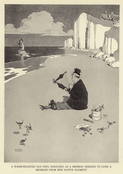 Bir denizkızını kendi doğal elementinden cezbetmek isteyen bir deniz adamı kılığına girmiş sıcak kalpli yaşlı bir ruh by William Heath Robinson