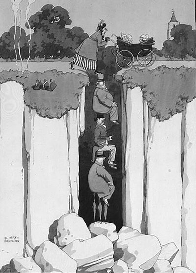 Nezaket Eylemi, Üç Beyefendinin Kadına Uçurum Üzerinden Yardım Eden Düşünceliliği (kalem ve mürekkep, suluboya) by William Heath Robinson