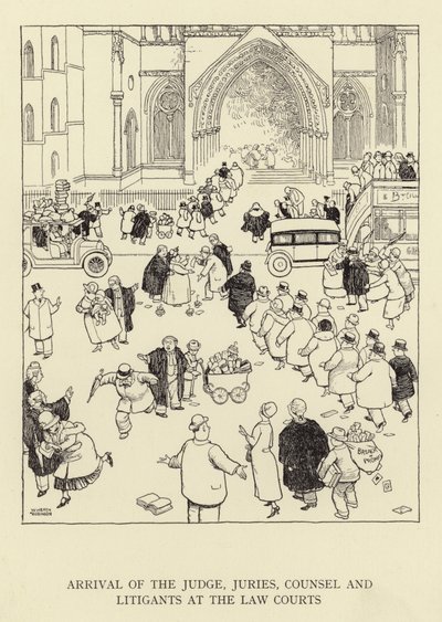 Hâkim, jüri üyeleri, avukat ve davacıların hukuk mahkemelerine gelişi by William Heath Robinson