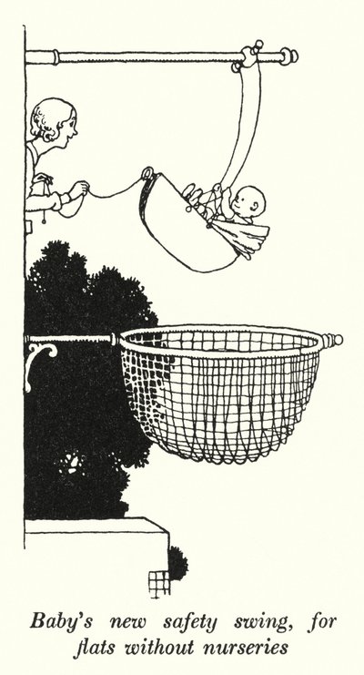 Bebek odası olmayan daireler için bebeğin yeni güvenlik salıncağı (litho) by William Heath Robinson
