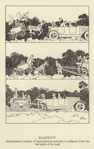 Elastikiyet, iyi kalpli sürücülerin yolun kötü durumundan muzdarip olanlara ilgisiz davranışı by William Heath Robinson