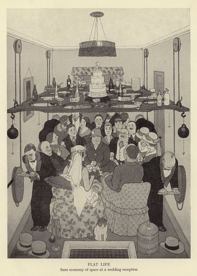 Düz yaşam, bir düğün resepsiyonunda makul alan ekonomisi by William Heath Robinson