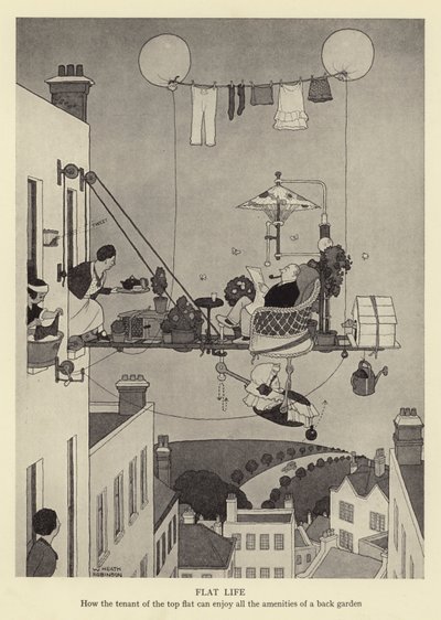 Düz yaşam, en üst dairenin kiracısı bir arka bahçenin tüm olanaklarından nasıl faydalanabilir? by William Heath Robinson