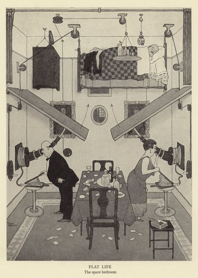 ಫ್ಲಾಟ್ ಲೈಫ್, ಬಿಡುವಿನ ಮಲಗುವ ಕೋಣೆ ಲಿಥೋಟರ್ಕ್ by William Heath Robinson