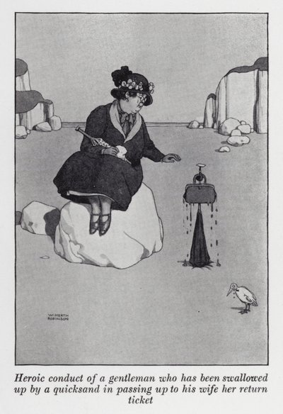 Karısına dönüş biletini verirken bir bataklık tarafından yutulan bir beyefendinin kahramanca davranışı (lito) by William Heath Robinson