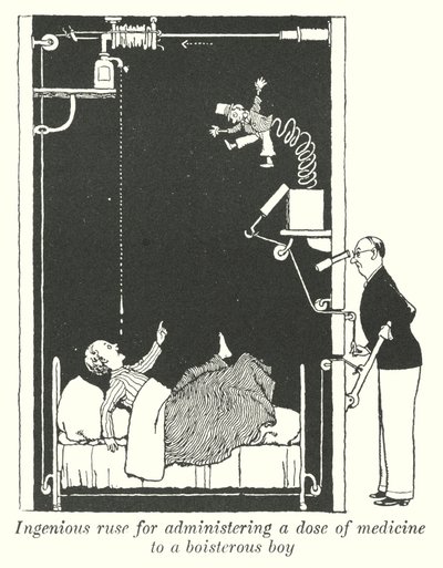 Öfkeli bir çocuğa bir doz ilaç vermek için ustaca bir hile (lito) by William Heath Robinson