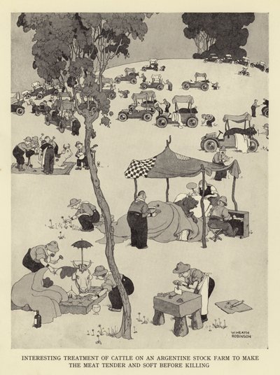 Arjantinli bir çiftlikte sığırların öldürülmeden önce yumuşak ve yumuşak olması için ilginç muamele by William Heath Robinson
