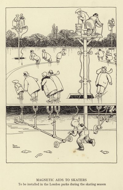Patencilere, paten sezonunda Londra parklarına kurulacak manyetik yardımcılar by William Heath Robinson