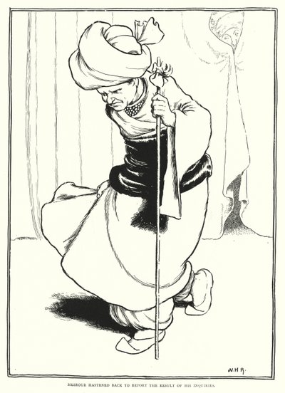 Mesrour, araştırmalarının sonucunu bildirmek için aceleyle geri döndü (gravür) by William Heath Robinson
