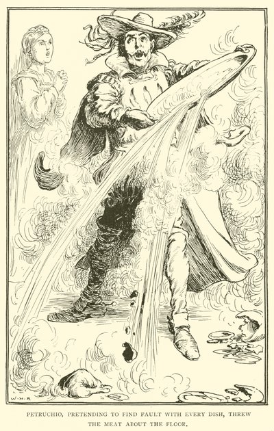 Petruchio, her yemekte kusur buluyormuş gibi yaparak eti yere fırlattı. by William Heath Robinson