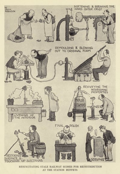 İstasyon büfelerinde yeniden dağıtım için canlandırıcı bayat demiryolu çörekleri by William Heath Robinson