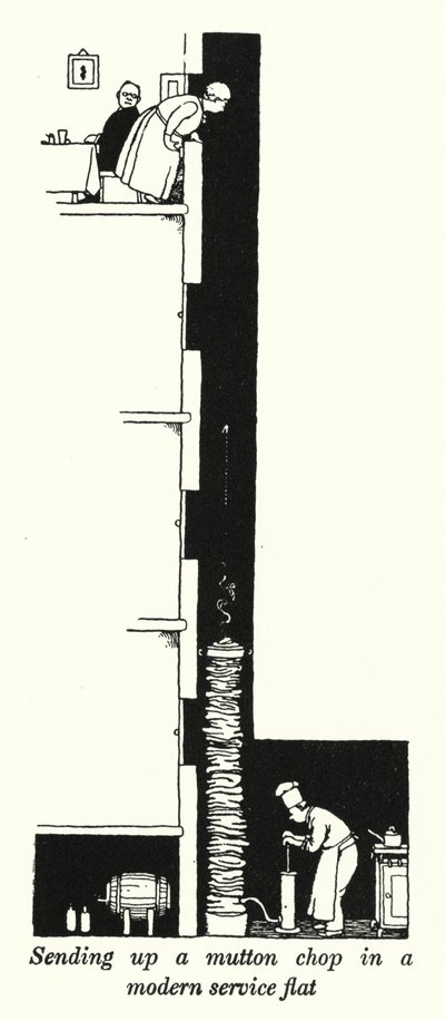 Modern bir servis dairesinde koyun pirzolası göndermek (lito) by William Heath Robinson
