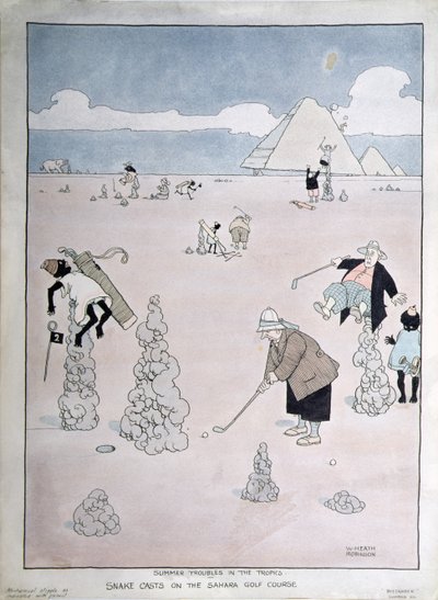 Tropiklerde Yaz Sorunları - Sahara Golf Sahasında Snake Casts (kalem, mürekkep ve sulu boya) by William Heath Robinson